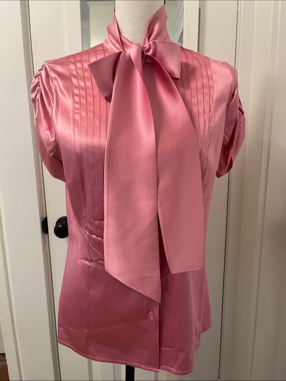 Rena Lange Hammered Silk Button Up Bow Tie Blouse Deep Pink Short Puff Sleeves